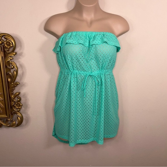 Juniors XL OP Teal Green Lace Strapless Dress Ruffle Swim Cover Vacation Beach - Picture 15 of 15